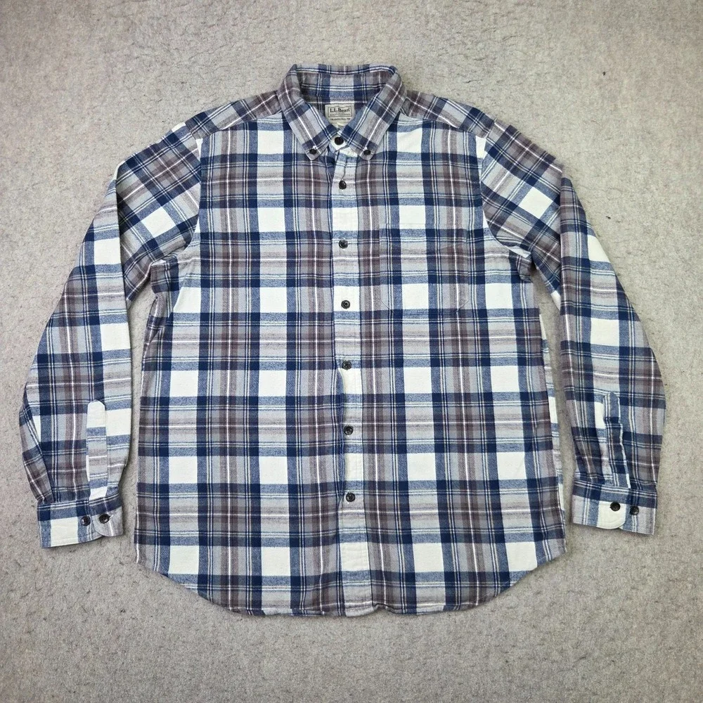 L.L. Bean Scotch Plaid Flannel Shirt Mens Medium M Blue Traditional Fit Classic